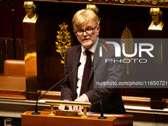 Marc Fesneau, President of the Les Democrates group, speaks during the motion of censure of Michel Barnier's government at the National Asse...