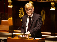 Marc Fesneau, President of the Les Democrates group, speaks during the motion of censure of Michel Barnier's government at the National Asse...