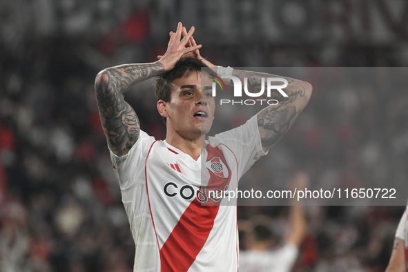 Nicolas Fonseca of River Plate celebrates his team's win in a Copa Libertadores match between River Plate and Colo Colo at Estadio Mas Monum...