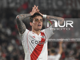 Nicolas Fonseca of River Plate celebrates his team's win in a Copa Libertadores match between River Plate and Colo Colo at Estadio Mas Monum...