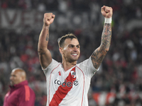 Leandro Gonzalez Pirez of River Plate celebrates his team's win in a Copa Libertadores match between River Plate and Colo Colo at Estadio Ma...