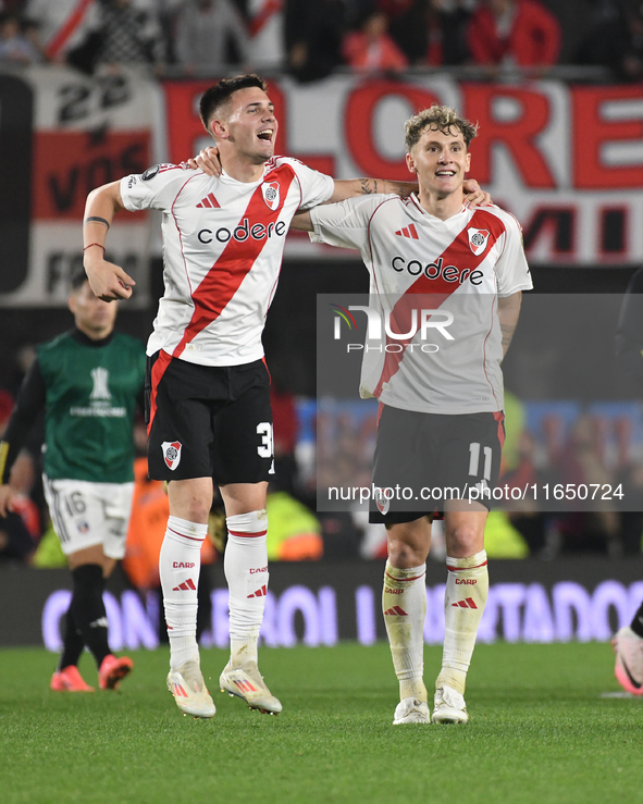 Franco Mastantuono and Facundo Colidio of River Plate celebrate their team's win in a Copa Libertadores match between River Plate and Colo C...