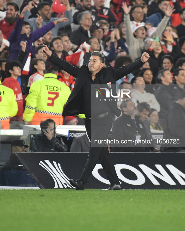 Marcelo Gallardo, head coach of River Plate, celebrates his team's only goal at the Copa Libertadores match between River Plate and Colo Col...