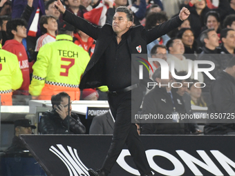 Marcelo Gallardo, head coach of River Plate, celebrates his team's only goal at the Copa Libertadores match between River Plate and Colo Col...