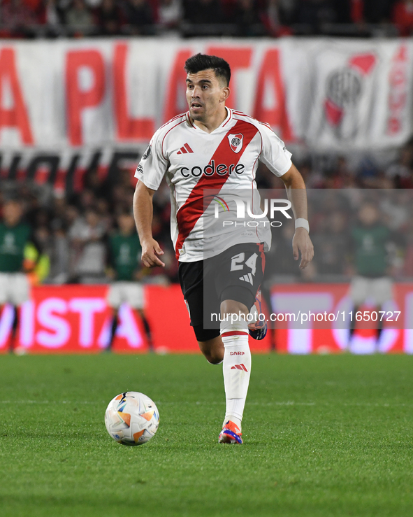 Marcos Acuna of River Plate participates in a Copa Libertadores match between River Plate and Colo Colo at Estadio Mas Monumental Antonio Ve...