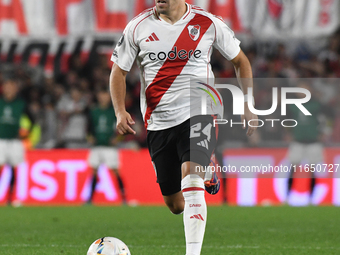 Marcos Acuna of River Plate participates in a Copa Libertadores match between River Plate and Colo Colo at Estadio Mas Monumental Antonio Ve...