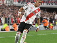 Maximiliano Meza of River Plate participates in a Copa Libertadores match between River Plate and Colo Colo at Estadio Mas Monumental Antoni...