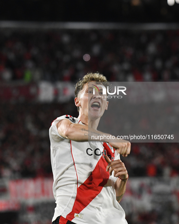 Facundo Colidio of River Plate celebrates his goal during the Copa Libertadores match between River Plate and Colo Colo at Estadio Mas Monum...