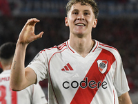 Facundo Colidio of River Plate celebrates his goal during the Copa Libertadores match between River Plate and Colo Colo at Estadio Mas Monum...