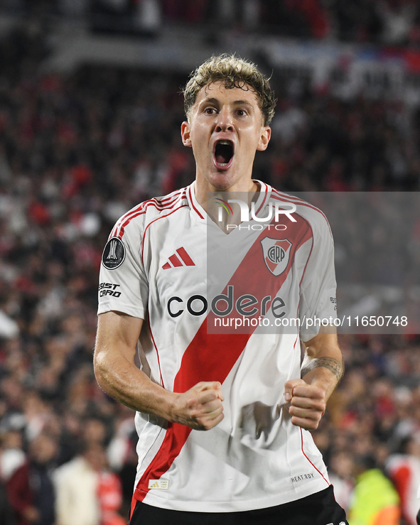 Facundo Colidio of River Plate celebrates his goal during the Copa Libertadores match between River Plate and Colo Colo at Estadio Mas Monum...