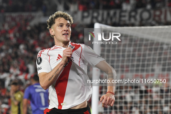 Facundo Colidio of River Plate celebrates his goal during the Copa Libertadores match between River Plate and Colo Colo at Estadio Mas Monum...