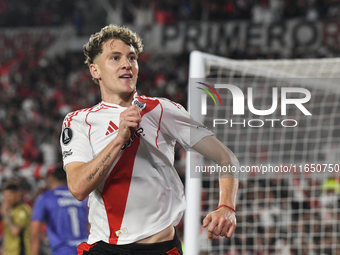 Facundo Colidio of River Plate celebrates his goal during the Copa Libertadores match between River Plate and Colo Colo at Estadio Mas Monum...