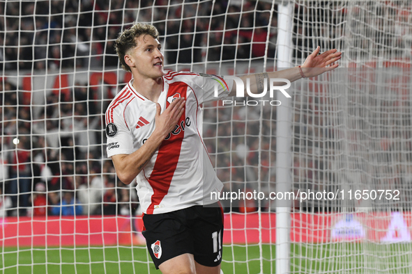 Facundo Colidio of River Plate celebrates his goal during the Copa Libertadores match between River Plate and Colo Colo at Estadio Mas Monum...