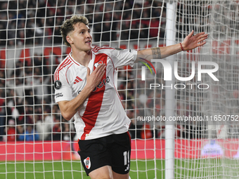 Facundo Colidio of River Plate celebrates his goal during the Copa Libertadores match between River Plate and Colo Colo at Estadio Mas Monum...