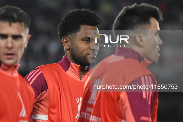 Miguel Borja of River Plate warms up before the Copa Libertadores match between River Plate and Colo Colo at Estadio Mas Monumental Antonio...