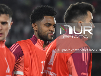 Miguel Borja of River Plate warms up before the Copa Libertadores match between River Plate and Colo Colo at Estadio Mas Monumental Antonio...