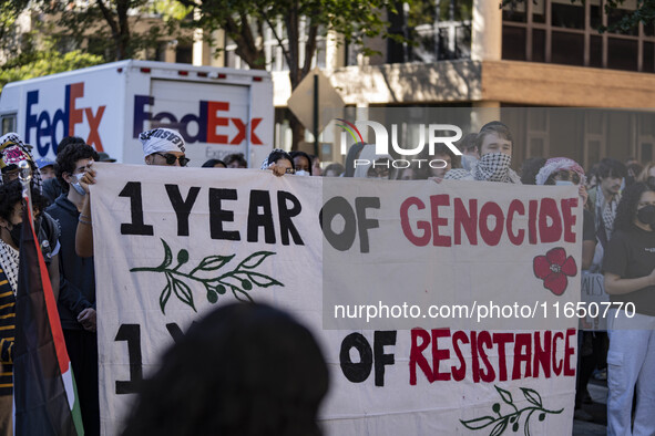 A group of students at George Washington University held a protest on Monday (Oct. 7) to mark one year of war in Gaza at the George Washingt...