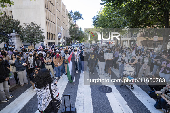 A group of students at George Washington University held a protest on Monday (Oct. 7) to mark one year of war in Gaza at the George Washingt...