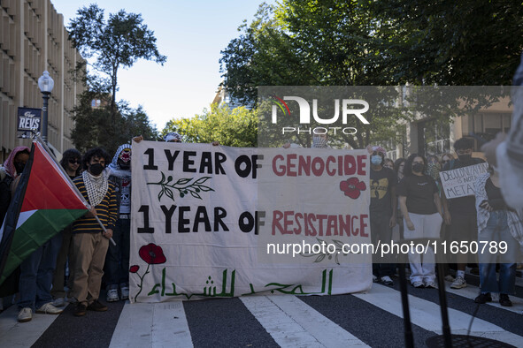 A group of students at George Washington University held a protest on Monday (Oct. 7) to mark one year of war in Gaza at the George Washingt...