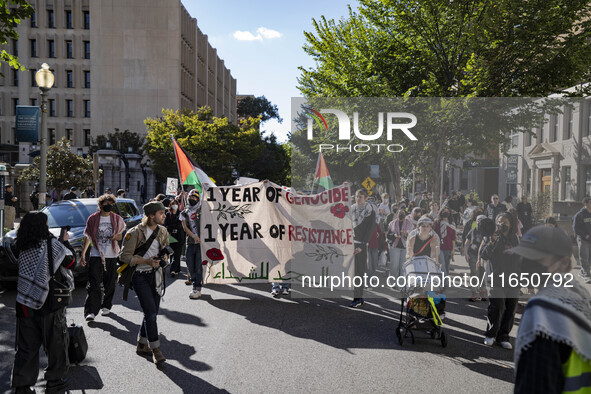 A group of students at George Washington University held a protest on Monday (Oct. 7) to mark one year of war in Gaza at the George Washingt...