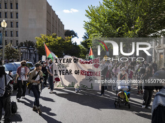 A group of students at George Washington University held a protest on Monday (Oct. 7) to mark one year of war in Gaza at the George Washingt...