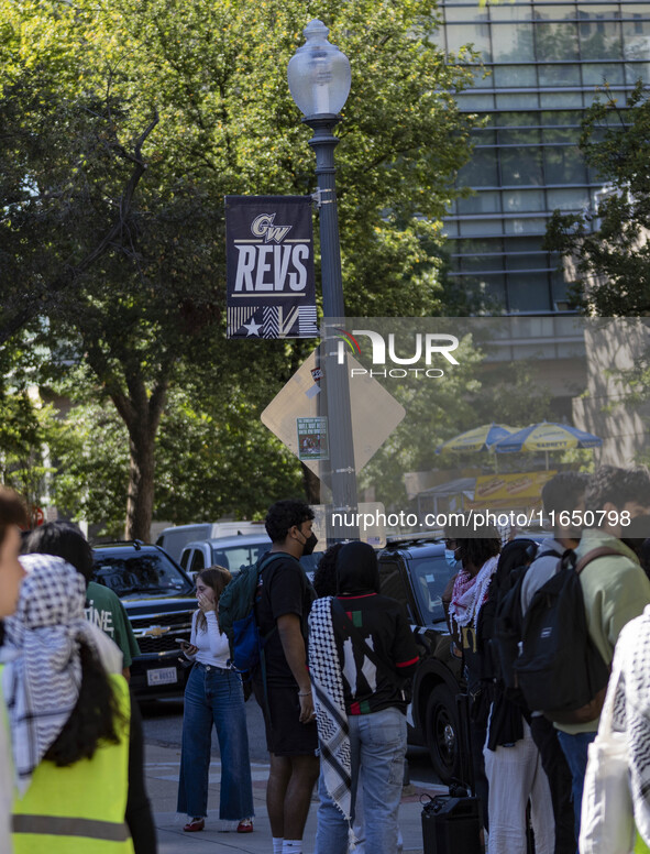 A group of students at George Washington University held a protest on Monday (Oct. 7) to mark one year of war in Gaza at the George Washingt...