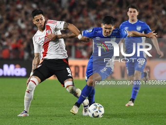 Maximiliano Meza of River Plate participates in a Liga Profesional de Futbol match between River Plate and Atletico Tucuman at Estadio Mas M...