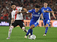 Maximiliano Meza of River Plate participates in a Liga Profesional de Futbol match between River Plate and Atletico Tucuman at Estadio Mas M...