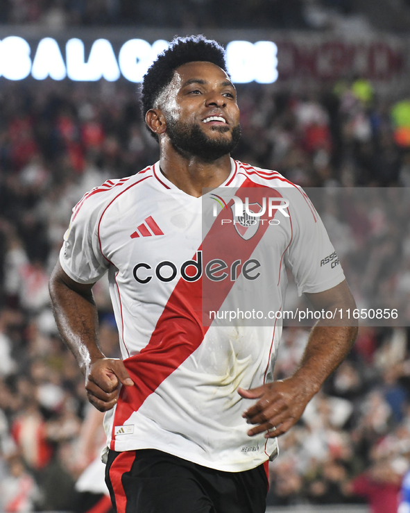 Miguel Boja celebrates his goal in a Liga Profesional de Futbol match between River Plate and Atletico Tucuman at Estadio Mas Monumental Ant...