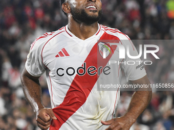 Miguel Boja celebrates his goal in a Liga Profesional de Futbol match between River Plate and Atletico Tucuman at Estadio Mas Monumental Ant...