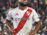 Miguel Boja celebrates his goal in a Liga Profesional de Futbol match between River Plate and Atletico Tucuman at Estadio Mas Monumental Ant...