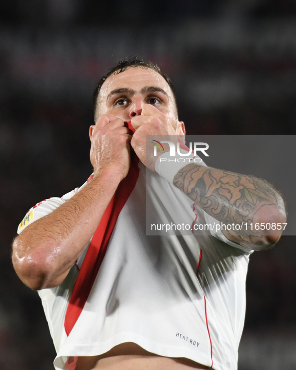 Leandro Gonzalez Pires of River Plate celebrates his goal in a Liga Profesional de Futbol match between River Plate and Atletico Tucuman at...