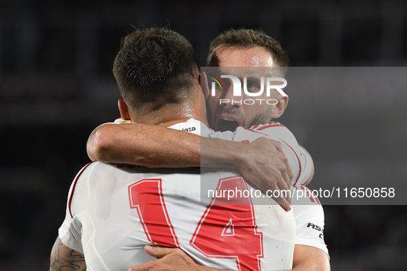 Leandro Gonzalez Pires and German Pezzella of River Plate celebrate their team's goal in a Liga Profesional de Futbol match between River Pl...