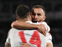 Leandro Gonzalez Pires and German Pezzella of River Plate celebrate their team's goal in a Liga Profesional de Futbol match between River Pl...