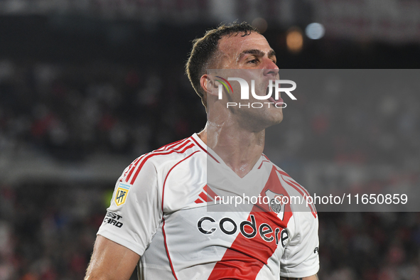 Leandro Gonzalez Pires of River Plate celebrates his goal in a Liga Profesional de Futbol match between River Plate and Atletico Tucuman at...