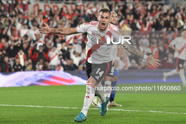 Leandro Gonzalez Pires of River Plate celebrates his goal in a Liga Profesional de Futbol match between River Plate and Atletico Tucuman at...