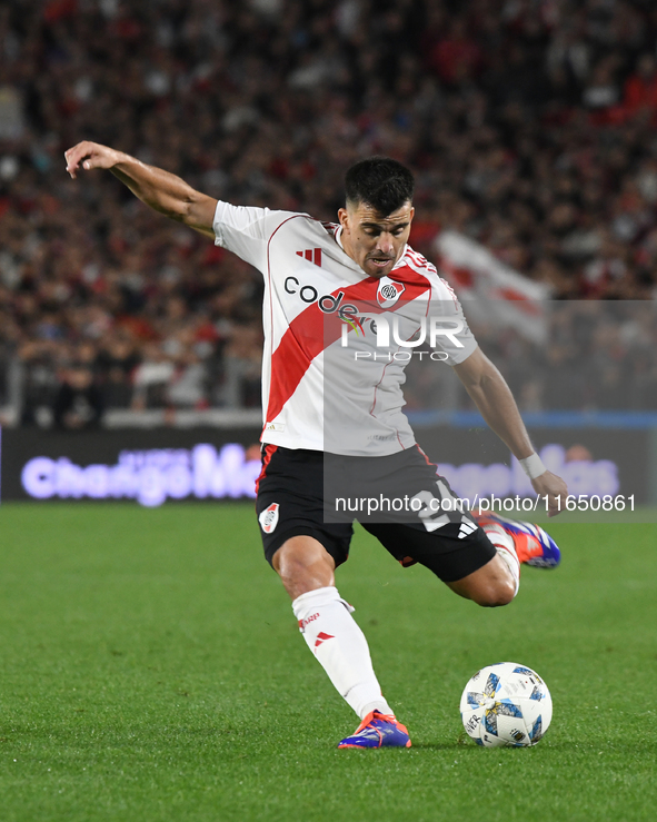 Marcos Acuna of River Plate participates in a Liga Profesional de Futbol match between River Plate and Atletico Tucuman at Estadio Mas Monum...