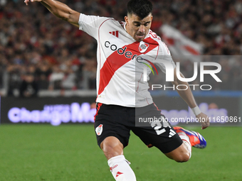 Marcos Acuna of River Plate participates in a Liga Profesional de Futbol match between River Plate and Atletico Tucuman at Estadio Mas Monum...