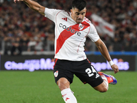 Marcos Acuna of River Plate participates in a Liga Profesional de Futbol match between River Plate and Atletico Tucuman at Estadio Mas Monum...