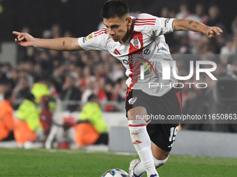 Claudio Echeverri of River Plate participates in a Liga Profesional de Futbol match between River Plate and Atletico Tucuman at Estadio Mas...