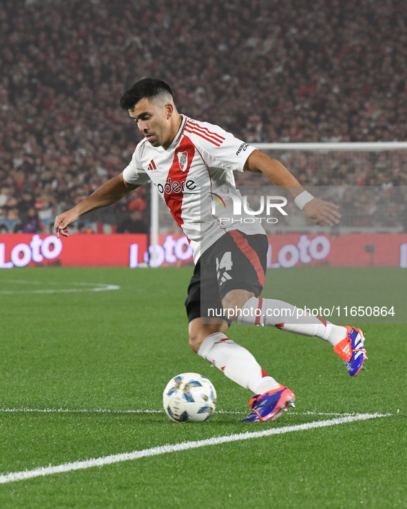 Marcos Acuna of River Plate participates in a Liga Profesional de Futbol match between River Plate and Atletico Tucuman at Estadio Mas Monum...