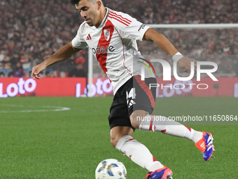 Marcos Acuna of River Plate participates in a Liga Profesional de Futbol match between River Plate and Atletico Tucuman at Estadio Mas Monum...