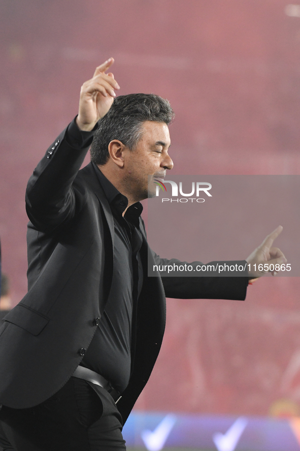 Marcelo Gallardo, head coach of River Plate, stands before the Liga Profesional de Futbol match between River Plate and Atletico Tucuman at...