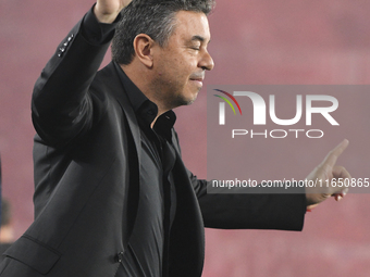 Marcelo Gallardo, head coach of River Plate, stands before the Liga Profesional de Futbol match between River Plate and Atletico Tucuman at...