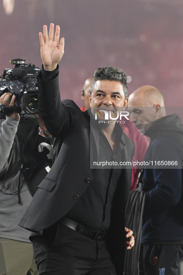 Marcelo Gallardo, head coach of River Plate, stands before the Liga Profesional de Futbol match between River Plate and Atletico Tucuman at...