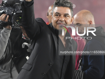 Marcelo Gallardo, head coach of River Plate, stands before the Liga Profesional de Futbol match between River Plate and Atletico Tucuman at...