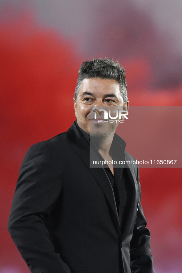 Marcelo Gallardo, head coach of River Plate, stands before the Liga Profesional de Futbol match between River Plate and Atletico Tucuman at...