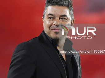 Marcelo Gallardo, head coach of River Plate, stands before the Liga Profesional de Futbol match between River Plate and Atletico Tucuman at...