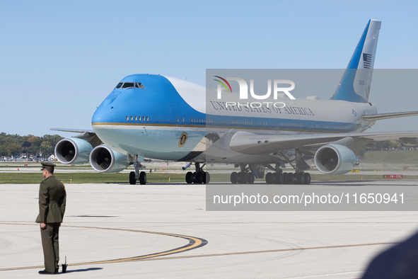 President Joe Biden arrives at General Mitchell International Airport in Milwaukee, Wisconsin, on October 8, 2024. 