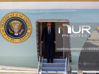 President Joe Biden arrives at General Mitchell International Airport in Milwaukee, Wisconsin, on October 8, 2024. (